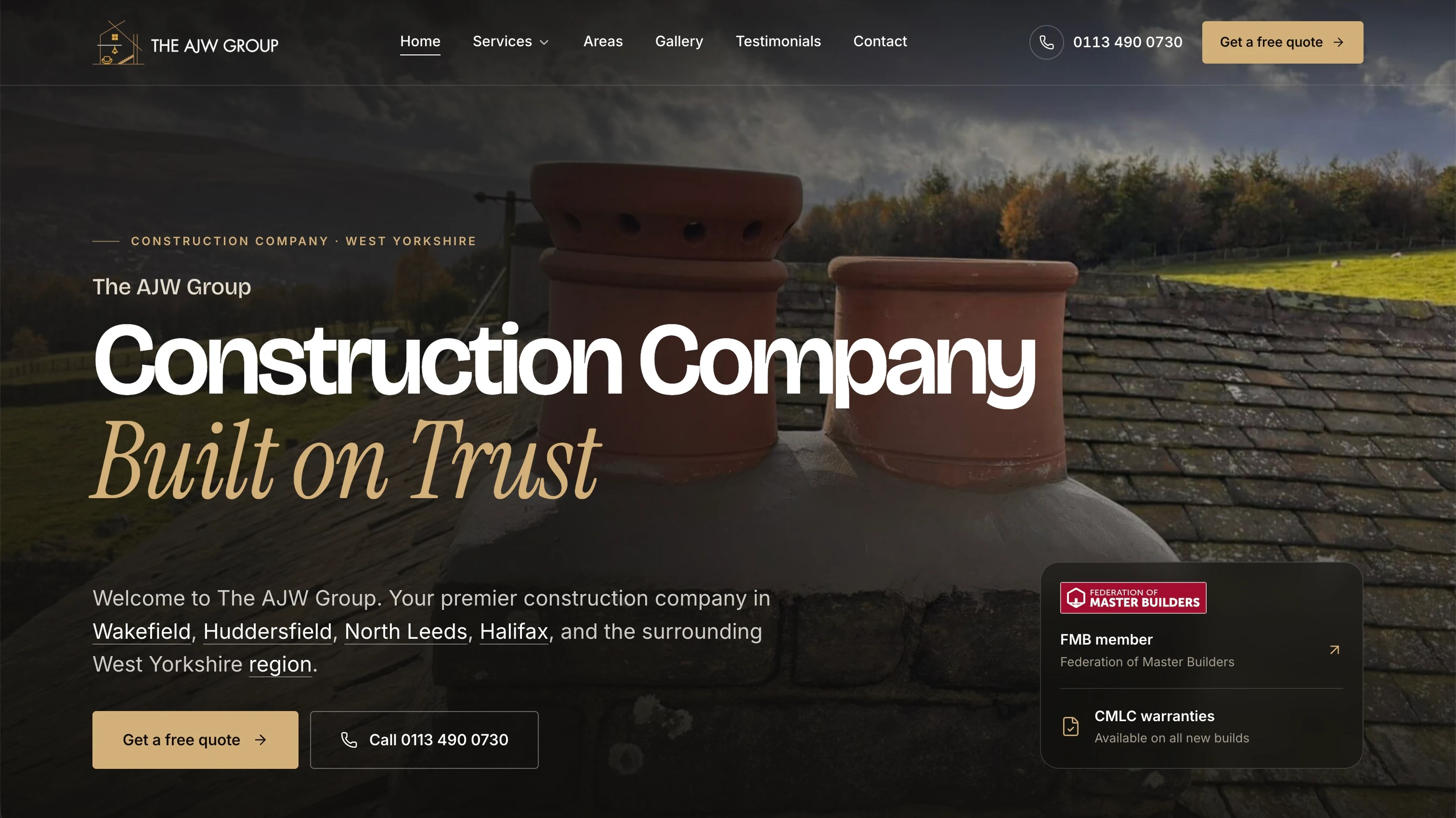 The redesign: a full-bleed rooftop photo, a bold 'Construction Company, Built on Trust' headline, clear quote and call buttons, and trust badges